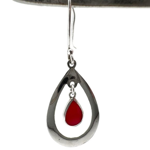 Sterling 925 Thai SilverEarrings Red Jasper? Stone Vintage Teardrop Dangle - Picture 5 of 5